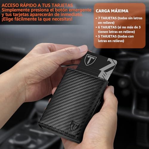 Detalle de TEEHON Carteras para Hombre con bloqueo RFID magnético y tarjetero de fibra de carbono (con monedero y ventana para ID)