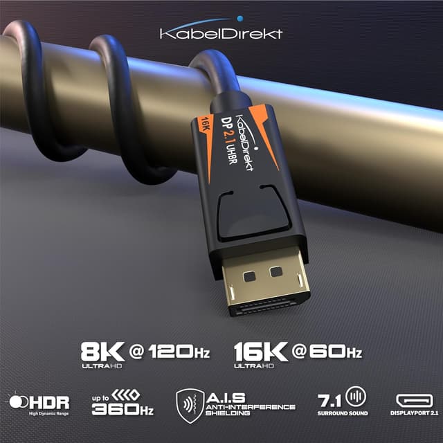 Detalle 2 de KabelDirekt DisplayPort 2.1 Kabel 16K (DP80/UHBR) – 5 m für Gaming-PC/Monitor mit FreeSync/G-Sync