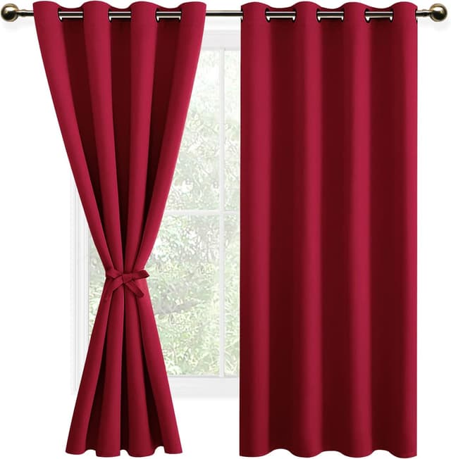 Detalle de DWCN Rideaux occultants thermiques anti-froid avec œillets, rouge (lot de 2), 132x137 cm