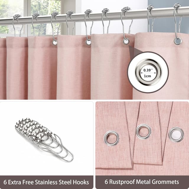 Detalle de Rideau de douche VANZAVANZU en lin polyester imperméable anti-moisissures avec 6 anneaux métal (92x182 cm) – Rose