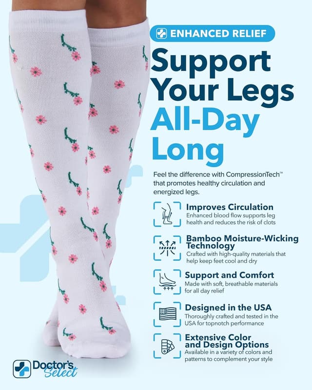 Detalle 2 de Doctor's Select Bamboo Viscose Light Compression Socks (8–15 mmHg), Knee High, 3 Pairs