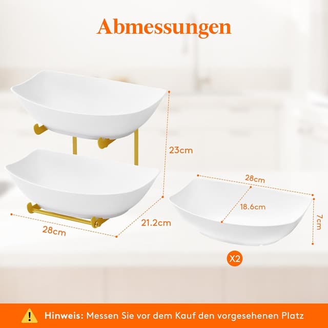 Detalle 2 de Lifewit Obst-Etagere mit 2 Etagen und Metallständer – Obstschalen aus PET, weiß & goldfarben