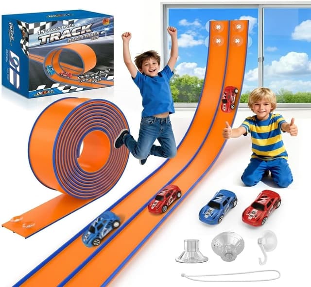 Detalle de DKOXT 15 Ft Flexible Race Track for Kids DIY Car Track Set (Dual-Track) with 2 Toy Cars & 3 Suction Cup Ramps