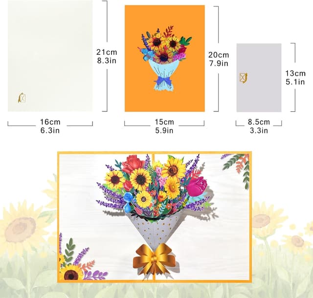 Detalle 2 de Sunflower Bunch Pop Up Paper Flower Bouquet Greeting Card with Blank Note & Envelope