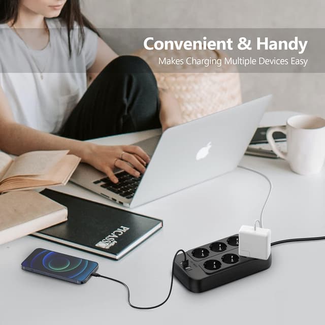 Thumbnail 6 de Steckdosenleiste mit Überspannungsschutz, 6 Fach – JSVER Mehrfachsteckdose mit 3 USB-A & 1 USB-C (Schwarz)