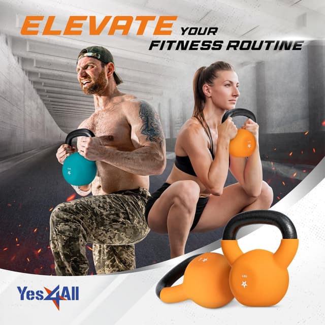 Detalle de Yes4All Kettlebell aus Gusseisen 2–20 kg mit Neopren-Beschichtung (einzeln, farbcodiert)