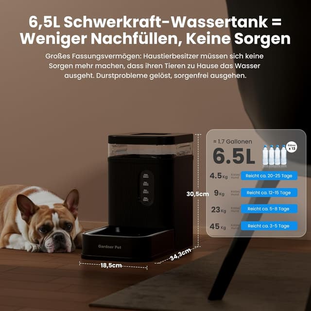 Detalle de Gardner Pet automatischer Wasserspender mit 6,5 l Schwerkraft-Futterbrunnen – ohne Strom, Edelstahl-Schüssel