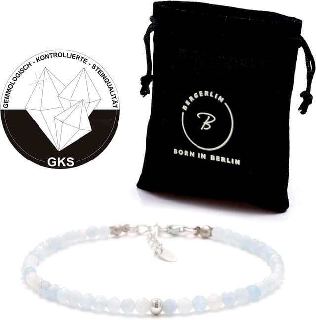 Detalle de BERGERLIN Echtes Naturstein Perlenarmband mit Aquamarin – 925 Sterling-Silberperle, Verschluss & Echtheitszertifikat