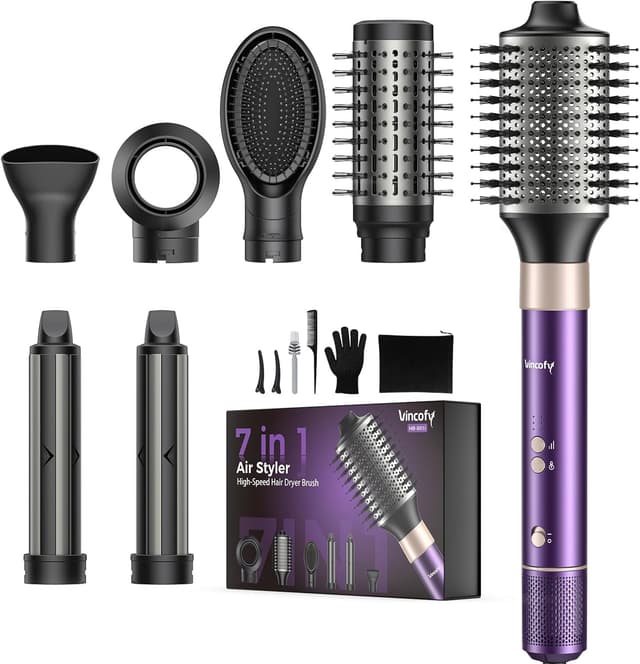 Detalle de Vincofy 7-in-1 Hair Dryer Brush and Hair Styler Set (Purple) — Fast Drying, Curling, Straightening & Volumizing