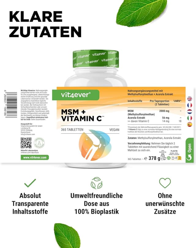 Detalle de vit4ever MSM 2000 mg mit Vitamin C aus Acerola – 365 Tabletten (6-Monatsvorrat, vegan, laborgeprüft)