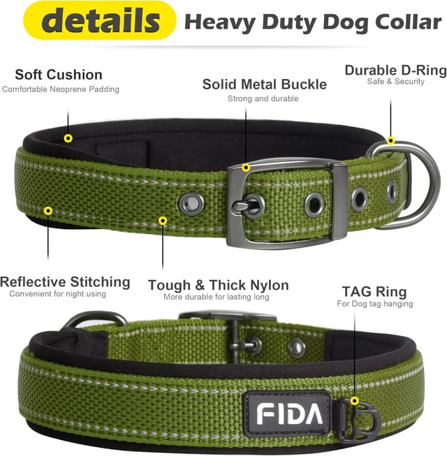 Detalle 2 de Fida Padded Dog Collar with Metal Belt Buckle and Double-Layer Webbing (Green)