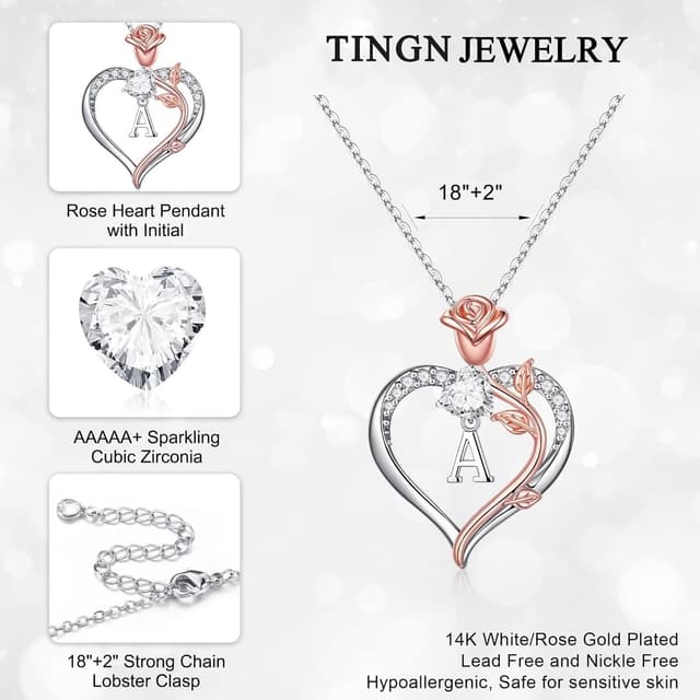 Detalle 2 de TINGN Rosen-Herz Halskette Damen mit 14K Weißgold-Verzierung und CZ – Kettenanhänger als Geschenk