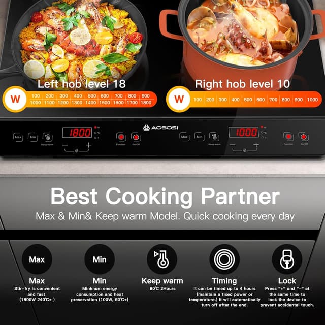 Detalle 2 de Aobosi Induktionskochfeld 2 Platten mit 3500 W