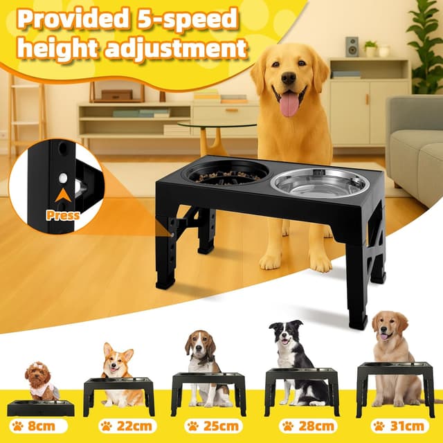 Detalle de Ciotole per cani Rialzate regolabili con 2 ciotole in acciaio inox (1200 ml) e 1 anti-ingozzo (800 ml) + base antiscivolo