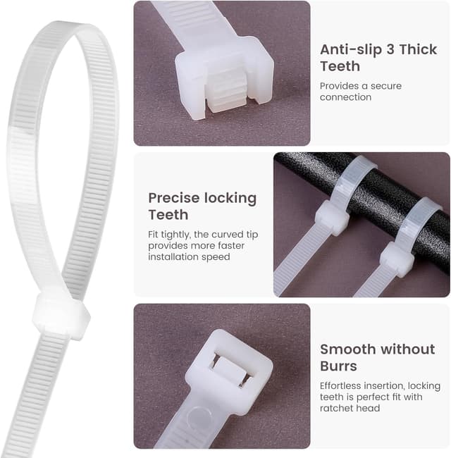 Detalle de Yaluzibi 1000-pack 8 inch white nylon cable ties (PA66), UV resistant self-locking