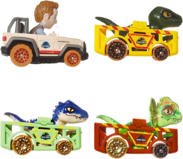 Detalle 2 de Hot Wheels RacerVerse 4er-Pack mit Die-Cast-Fahrzeugen aus Jurassic World (Charlie, Owen, Dilophosaurus, Allosaurus) – HKD32