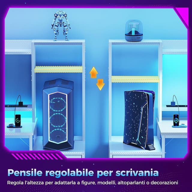 Detalle 2 de Coleshome Scrivania Gaming con libreria e cassetti, LED e presa integrata, 137×48 cm (fibra di carbonio bianco)