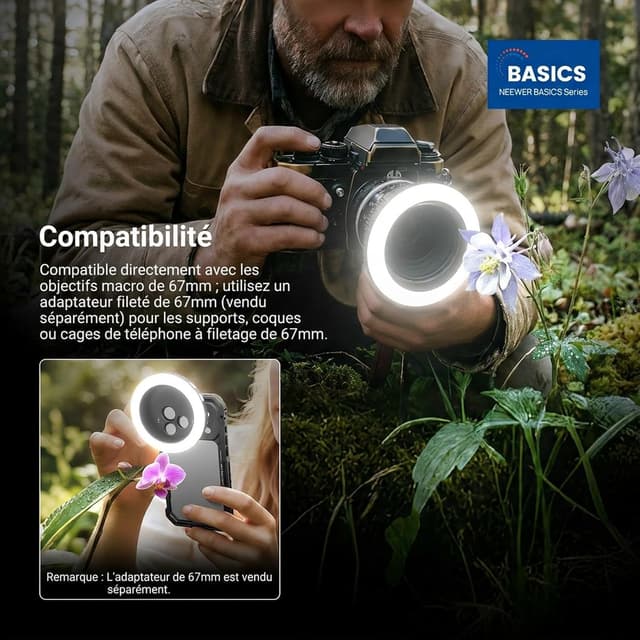 Detalle 2 de NEEWER Basics M22 anneau lumineux LED fileté 67 mm (bicolore, rechargeable, CRI95+)