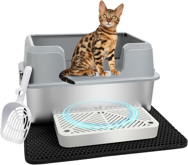 Detalle de Vivifying Katzenklo aus Edelstahl mit Pedal, Schaufel und Matte (grau) – auslaufsicher