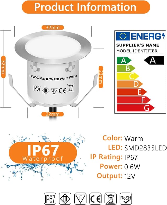 Detalle de HIBOITEC 1Pack Decking Light Warm White LED Plinth Light (IP67, Power Adapter not included)