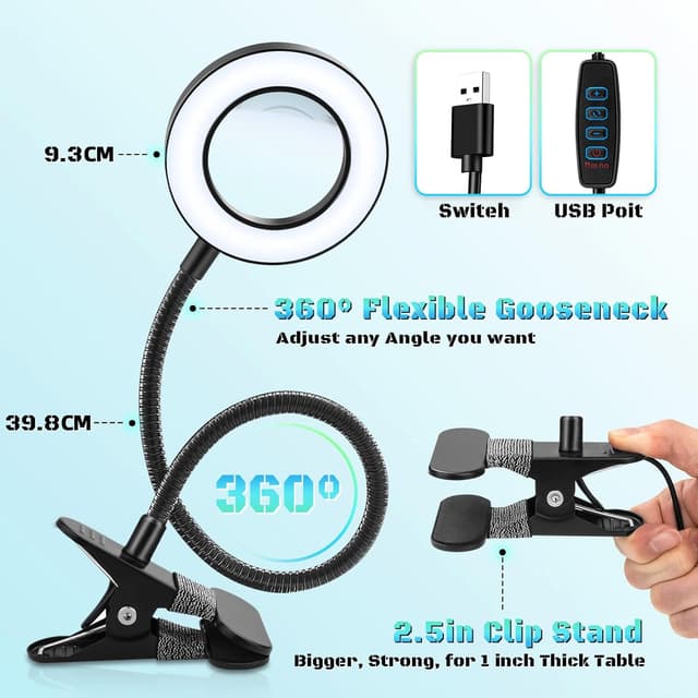 Detalle de JUOIFIP 10X Magnifying Glass with Light and Stand (USB) – clamp lamp with 3 light modes