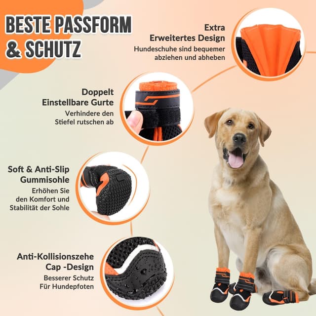 Detalle de Eyein Hundeschuhe Pfotenschutz (2 Stück) atmungsaktiv mit rutschfester Sohle und reflektierendem Klettverschluss, Orange – Größe 5