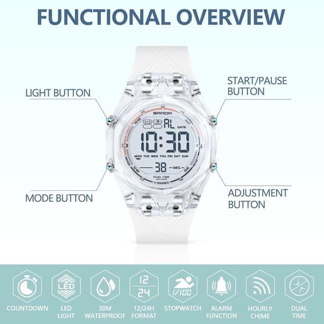 Detalle 2 de TICKEEN digitale Sportuhr für Herren mit Alarm, Countdown, Stoppuhr, LED-Licht und 30 m Wasserdicht