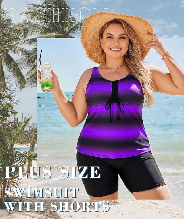Detalle de LALAGEN Women’s Plus Size Tankini Swim Set with Rash Guard Capris (S–5X)