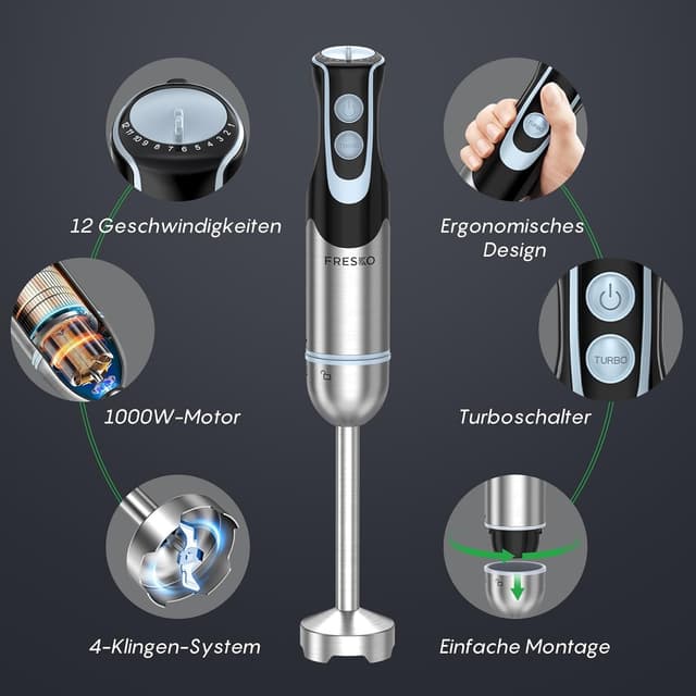 Thumbnail 1 de FRESKO Stabmixer Edelstahl 1000W 4-in-1