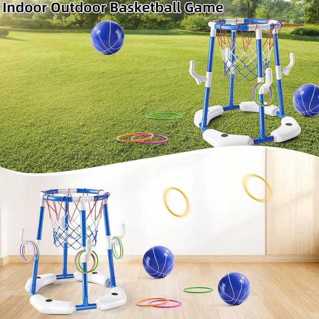 Detalle 2 de NIPLOOOW Pool Basketball Hoop 2-in-1 Floating Pool Toys Set (Blue) with 4 Balls and Pump