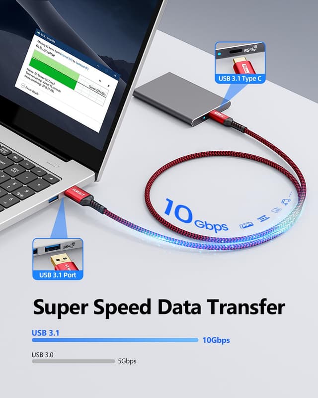 Detalle de SUNGUY USB-C Kabel (15 cm) – USB 3.1 Gen2 mit bis zu 10 Gbps, 3A Schnellladen & Android Auto