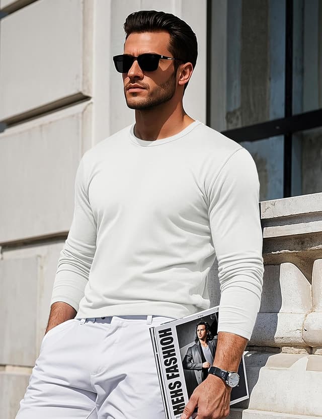 Detalle de MAGCOMSEN Langarmshirt Herren aus Baumwolle – Longshirt mit Rundhals, Longsleeve für Freizeit und Alltag