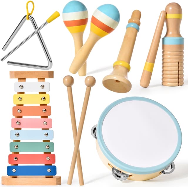 Detalle de Set strumenti musicali in legno Montessori 6 in 1 per bambini (1 anno) con maracas, xilofono e tamburi