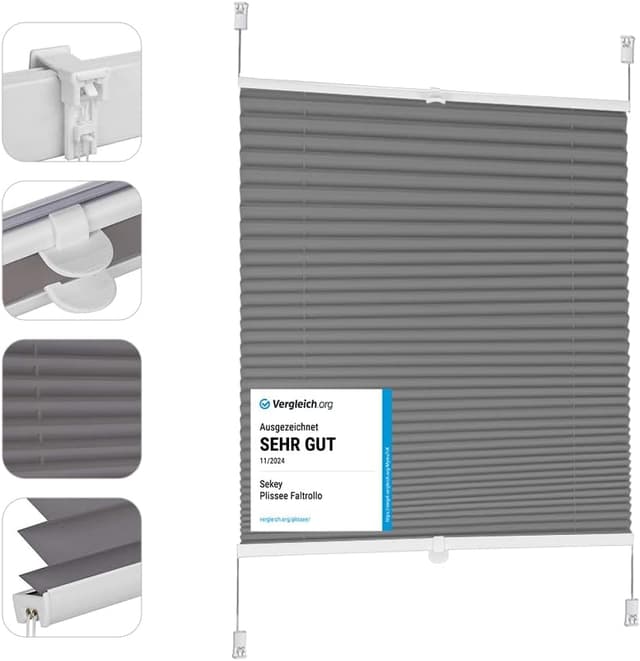 Detalle de Sekey Plissee ohne Bohren Verdunkelung (Klemmfix) 100x130 cm, Dunkelgrau – Fenster-Plissee