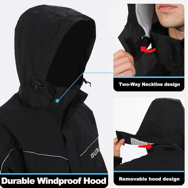 Detalle 2 de Burjosy Herren Regenanzug: wasserdichte Regenjacke & Regenhose mit Kapuze und Reflektoren