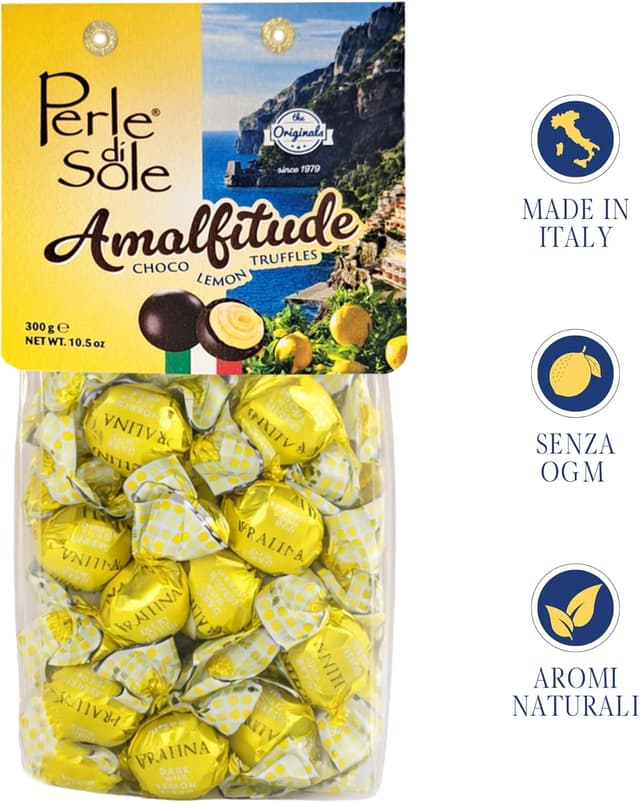 Detalle 2 de Perle di Sole ‘Amalfitude’ praline al limone Costa d’Amalfi I.G.P. con cuore cremoso e cioccolato fondente, 300 g