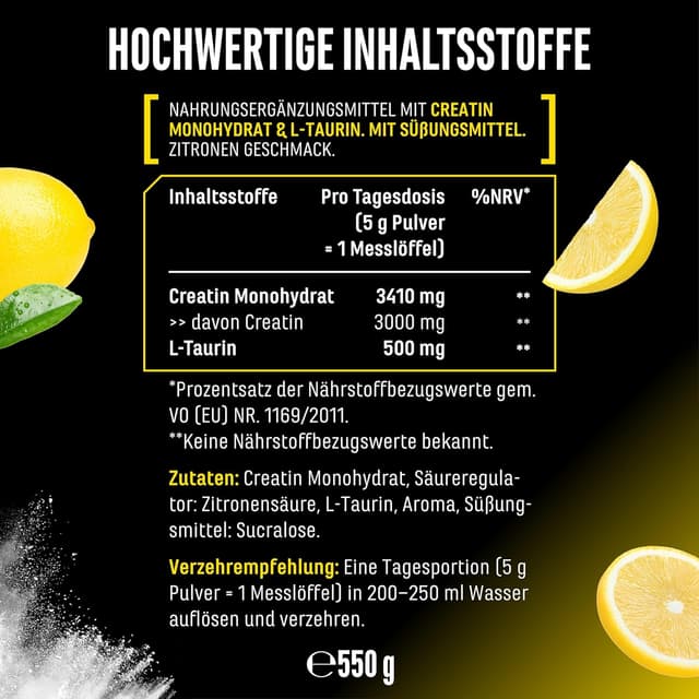 Detalle 2 de GEN German Elite Nutrition Flavoured Creatine Pulver (550 g) – Creatin Monohydrat mit L-Taurin, vegan & zuckerfrei