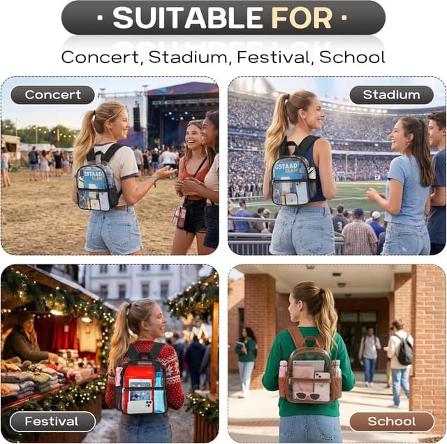 Detalle de Oraben Clear Backpack Stadium Approved (12 x 6 x 11 in) — Small Transparent PVC Bag for Events & Travel