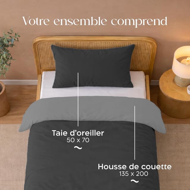Detalle de Twinzen Housse de couette réversible 135x200 cm en microfibre grise (avec taie 50x70) – Parure Oeko-Tex