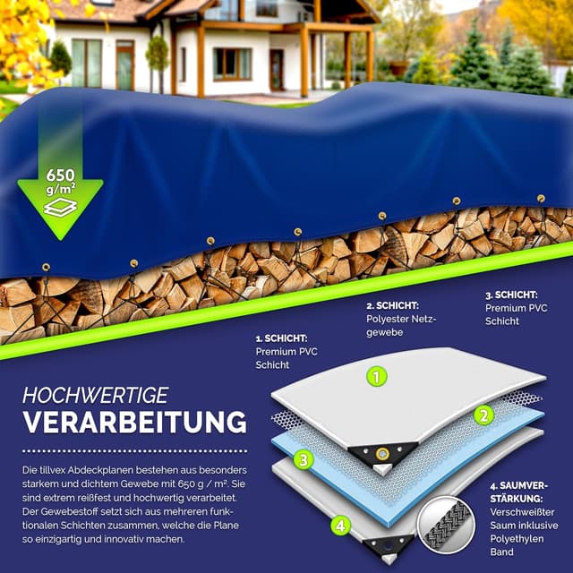 Detalle de tillvex® Abdeckplane mit Ösen (Grau) 5x7 m: wasserdichte PVC-Gewebeplane mit 10 Spanngummis & 15 m Seil
