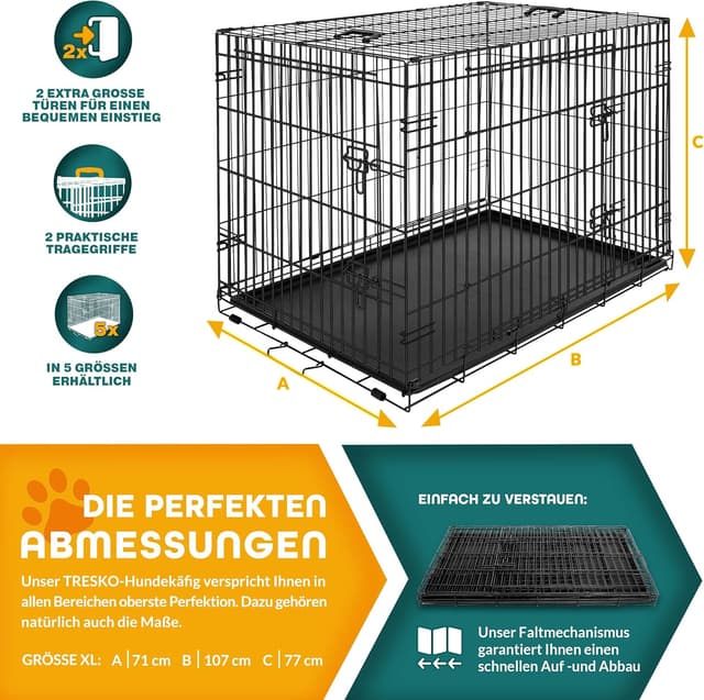 Detalle de TRESKO Hundekäfig 107 x 71 x 77 cm faltbar mit 2 Türen – Transportkäfig für Auto mit Bodenschale