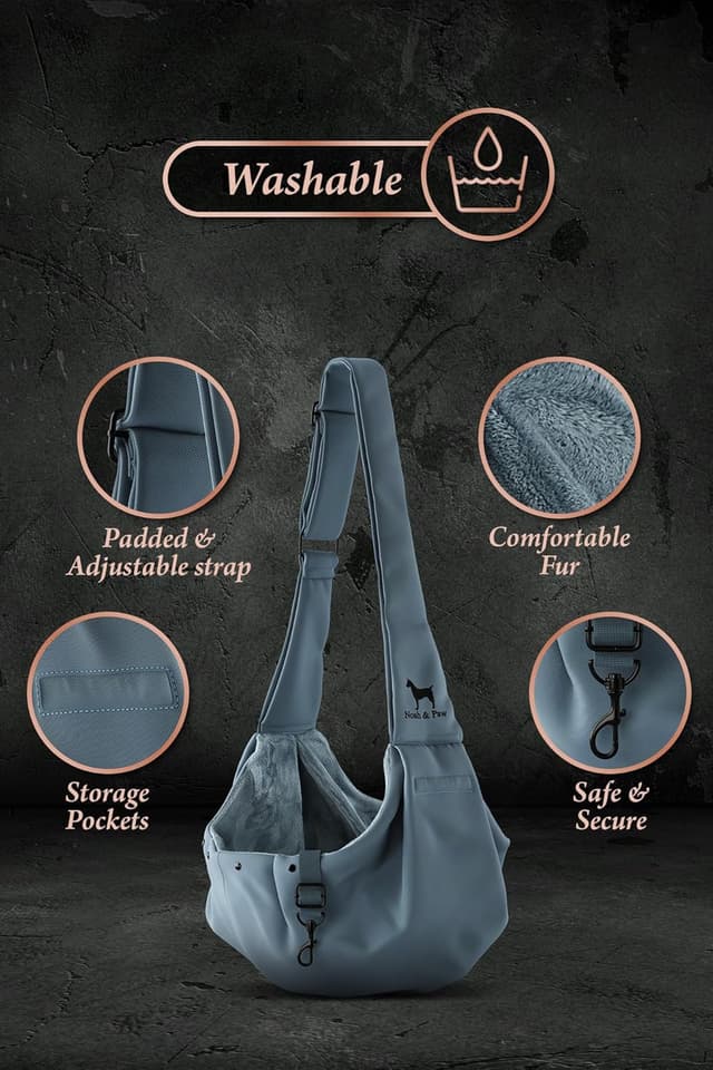 Detalle 1 de Noah & Paw dog sling carrier (3–10lb) with adjustable padded strap, lined twill and double safety