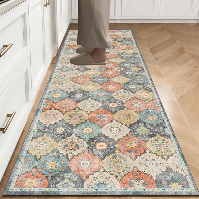 Detalle de WTHYGB Teppich Läufer für Flur & Küche (80x300 cm) – rutschfest, waschbar, Blumen/Boho