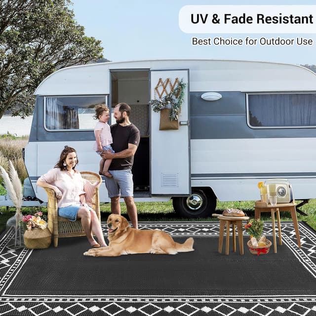 Detalle de CAROMIO Outdoor Rug 240 x 300 cm Reversible Waterproof Geometric Patio Mat (Black)