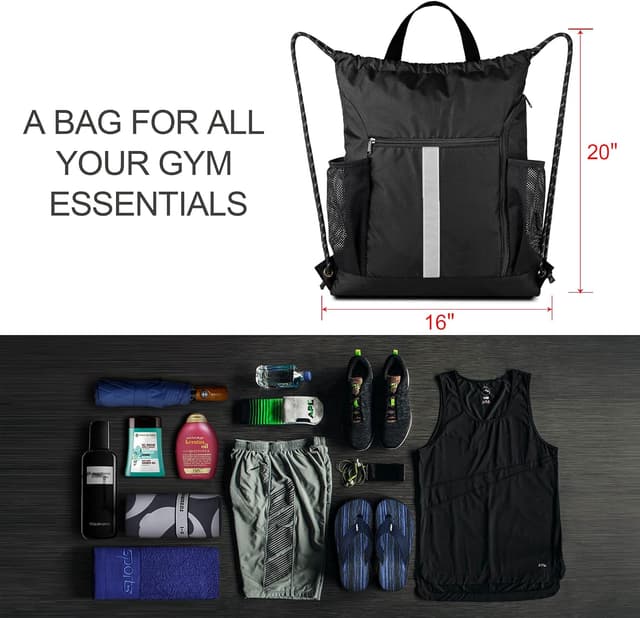 Detalle de BeeGreen Large Drawstring Backpack with Shoe Compartment, Water Bottle Holders and Reflective Strips (Black)