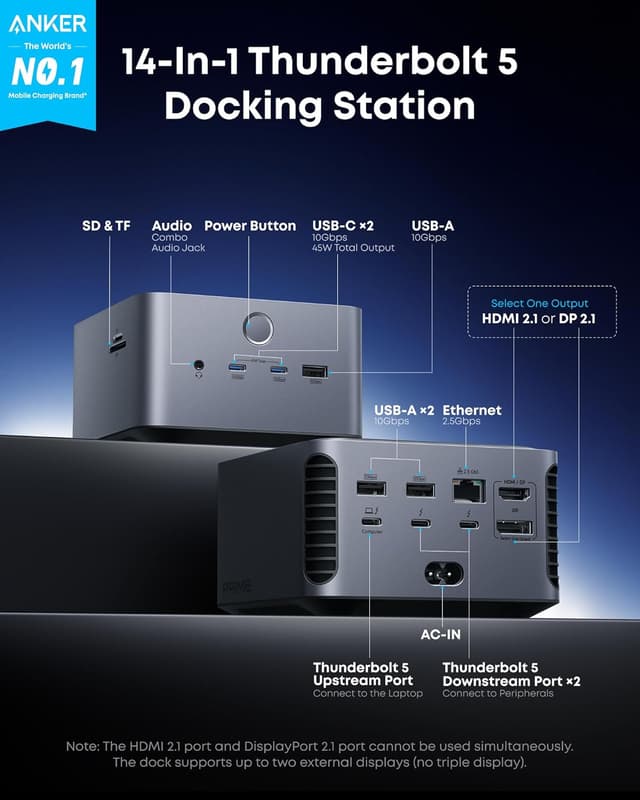 Detalle 2 de Anker Prime TB5 Docking Station 140W ⚡📎📺📱📷🔌📡📁📂📈📊🎛️📡