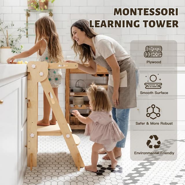 Detalle de labebe klappbarer Lernturm aus Holz mit zweiseitiger Tafel (Montessori Learning Tower, 3-in-1, ab 1 Jahr)