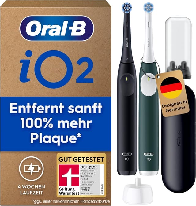 Detalle de Oral-B iO Series 2 Elektrische Zahnbürste – Doppelpack inkl. 2 Aufsteckbürsten & Reise-Etui (Schwarz/Grün)