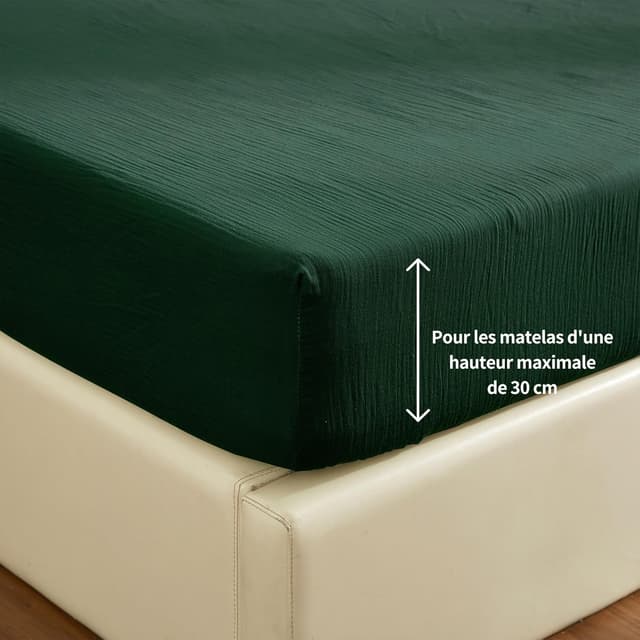 Detalle 2 de YASMENG Drap-housse 180x200 en gaze de coton certifié Oeko-Tex, vert foncé, bonnet 30 cm