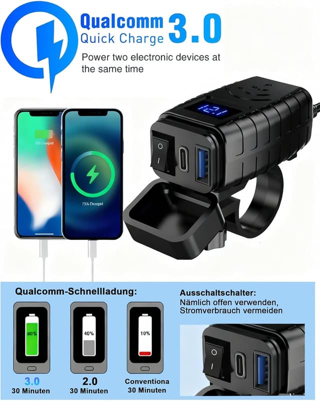 Detalle de Prise USB Moto QC3.0 PD 30W avec voltmètre
